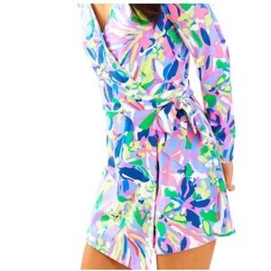 Lilly‎ Pulitzer Tiki Wrap Romper Blue Pink Green Floral Print Long Sleeve Small